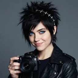a professional dslr 8 5 mm portrait of thalia grace, a teenage white girl with electric blue eyes, short choppy spiky black hair, a smirk, freckles, a silver circlet in her hair, a leather jacket, and a punk style, portrait by annie leibowitz