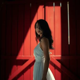 a beautiful young woman in!! the shadow! of a red barn!. black hair, white! dress, sharp focus, digital art by eddie mendoza, cinematic lighting
