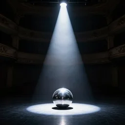 photo of a small chrome blob on dark stage opera hall spotlight