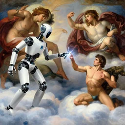 modern mechanical robot on the clouds is touching an athletic human man with lightning fingers, classical religious painting, inspired by the creation of adam painting, by michelangelo, concept art, fritz lang, stanley kubrick, annie liebovitz