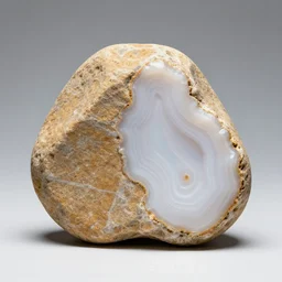 studio lighting portrait of a whole rock that is half sandstone and half agate white background