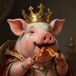 pig wearing gold crown with mustache eating pork rind snacks, Realistic, Regal, Refined, Detailed Digital Art, Michael Cheval, Walt Disney (1937), François Boucher, Oil Painting, Steampunk, Highly Detailed, Cinematic Lighting, Unreal Engine, 8k