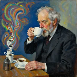 a painting of a old and dusty professor in black suit drinking ten cups of coffee in five seconds to study the psychedelic effect of lsd styled and painted by philip guston