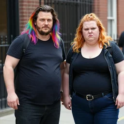 obese henry cavill with rainbow painted long hairs, standing next to very obese angry feminist, real photograph on the street, medium shot