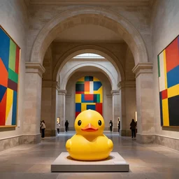 wide shot, one photorealistic rubber duck in foreground on a pedestal in an cavernous museum gallery, metropolitan museum of art, the walls are covered with colorful geometric wall paintings in the style of sol lewitt, tall arched stone doorways, through the doorways are more wall paintings in the style of sol lewitt.
