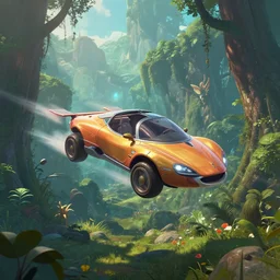 flying car in futuristic spiritual mystical post apocalyptic forest by ron gilbert, beautiful, crisp, artstation, highly detailed