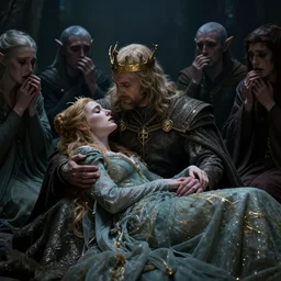 the faerie queen mourns her king who is dying on her arms while the surrounding elves cry in deep despair, lord of the rings, moody and atmospheric in alan lee and marc simonetti and emil melmoth style  , cinematic lighting