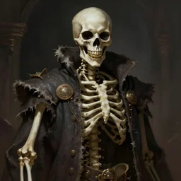 “Male skeleton with a few golden teeth wearing a raggedy robe and a sinister grin on his face, D&D, fantasy, intricate, cinematic lighting, highly detailed, digital painting, artstation, concept art, smooth, sharp focus, illustration, art by Artgerm and Greg Rutkowski and Alphonse Mucha”