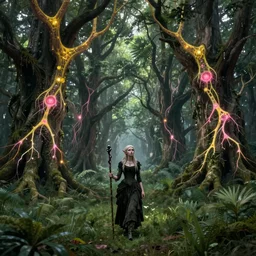 a gothic elf woman of old walking through an open field with her staff in a beautiful forest of ancient neurons with yellow and pink glowing synapses running through the forest, light creeps through the dense green jungle, huge incredibly immense trees, highly detailed, hyperrealism, trending on art station, ancient forest like fanal forest or fangorn forest, misty forest, realistic painting, sharp image, hyper realistic art, cinematic, art by konstantin razumov, chiaroscuro