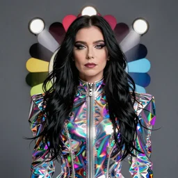 professional photo shoot portrait of bjork in the style of takashi murakami superflat, holographic chrome, surrealism, 1 9 9 6, three point lighting bjork