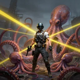 pubg soldier in pubg helmet fights against tentacles, tentacles everywhere, octopus, yellow laser beams, art by greg rutkowski, artgerm alphose mucha, featured on cgsociety, altermodern, concept art, speedpainting, official art, sharp focus, detailed, illustration, intricate linework, unreal engine 5, radiant light, detailed