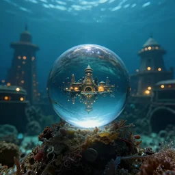 hyper realistic, high detail photo of city of atlantis, underwater, lights on buildings, beautiful, dreary lighting, crystal ball