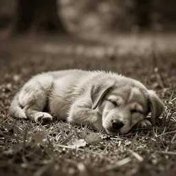 pinhole photography of a sleeping puppy, dreamy sepia image