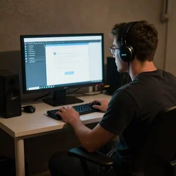 a reddit mod sitting in the basement in front of a computer. photograph.