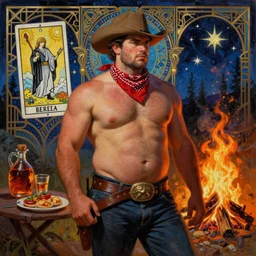 a dramatic, epic, ethereal! painting of a handsome thicc shirtless cowboy with a beer belly wearing a large belt and bandana | background is a late night campfire with food and jugs of whisky | homoerotic | fire, flames, stars, tarot card, art deco, art nouveau, mosaic!, intricate! | by Mark Maggiori | trending on artstation