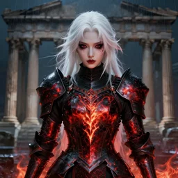 portrait white hair sinister knights of zodiac girl + smoky eyes, black fire red color reflected armor, in ruined agora of athens rainy night, ssci - fi and fantasy, intricate and very very beautiful and elegant, highly detailed, digital painting, artstation, concept art, smooth and sharp focus, illustration, art by tian zi and wlop and alphonse mucha