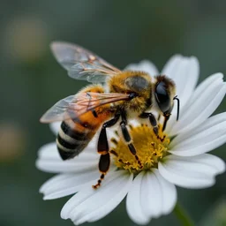 a closeup photo of a cyberpunk bee on a flower
