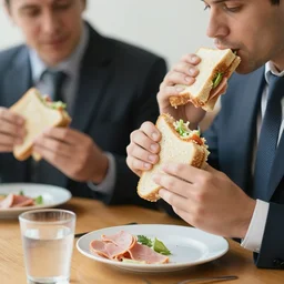 stock photo of business men eating a ham sandwich