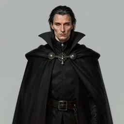 mads mikkelsen as a vampire, male, late - 4 0 s aged, shoulder length hair, slicked black hair, red eyes, clean shaven, wearing a cape, regal, royal, grim facial expression, high medieval fantasy, full color digital art, concept art, wide shot.