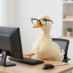 human looking duck working on computer wearing glasses, 4K,