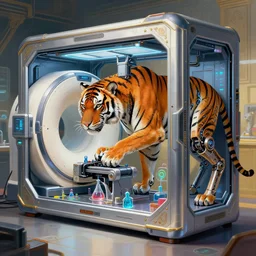futuristic tiger robotic neoclassical computer case cybernetic symbiosis thick bifurcated robotic cnc surgical hybrid mri 3 d printer machine making a bio chemical lab, sci - fi, highly detailed, vibrant colors, digital painting,, artstation, concept art, smooth, sharp focus, illustration, art by greg rutkowski and artgerm and alphonse mucha,