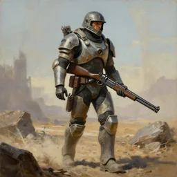 a detailed painting of a man in post apocalyptic modern armour and a helmet walking around a wasteland holding a modified shotgun. hd. 1 9 5 0 s painting style. detailed background