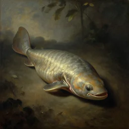 anomalocaris, rembrandt baroque painting, mysterious, ambient light, dramatic light, soft colours, oil on canvas