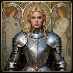 masterpiece head-on symmetrical centered portrait, Elisha Cuthbert as a Warcraft paladin, medieval era, blonde hair, full steel armour, art nouveau, gothic, elegant, distant, in the style of Edgar Maxence and Ross Tran and Zdzisław Beksiński and Michael Whelan and Mucha and Gustave Doré, specular highlights, 8k, octane render