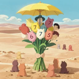memorable animation key shot, low angle, desert, mirage, hopeful, bouquet, random, d 6 7 5 d 7 d, floop, scrum, yellow parasol, heatwave, by mandy jurgens, by satoshi kon, ilya repin, shinji kimura, william turner, pastel color palette