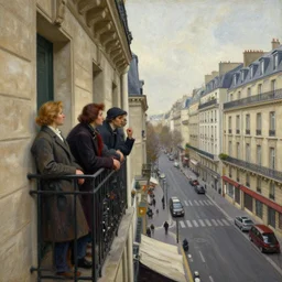 german romanticism by james gilleard ominous. a mixed mediart of a group of people on a balcony, looking down at a street scene below. the mixed mediart is set in the rue des petits augustins, a street in paris's left bank district.