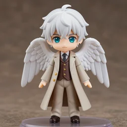 nendoroid aziraphale from good omens, good omens tv series, white curly short hair, beige suit, long coat, brown tartan vest, angel wings, michael sheen