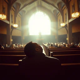 a photo of kendrick lamar grieving at a church, dramatic, ektachrome, vintage, wide angle, warm color palette, light mode, 2. 5 - dimensional, 1 6 k, ultra - hd, megapixel, cga, rays of shimmering light, screen space reflections