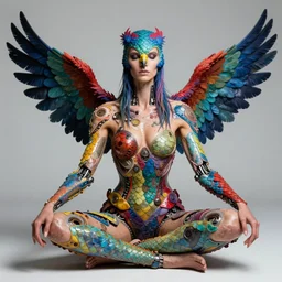 a fashion editorial of a meditating fierce krysten ritter as a colorful harpy bird super hero with mutated scaled skin. she has many skin grafts and cyborg body modifications. by donato giancola, hans holbein, walton ford, gaston bussiere, peter mohrbacher and brian froud. 8 k, cgsociety