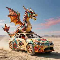 papier-mâché art cars of Burning Man looking like dragons and fish, Kodachrome, photorealistic,