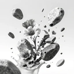 highly detailed beautiful black and white broken stones in the air, flowers, rock chips, different sizes, dynamic composition, artstation, splash, sharp focus, dynamic lighting, elegant, epic, beauty, masterpiece, by riccardo federici, by james jean, illustration, white background, ink draw, paint, pen