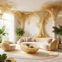 a modern indoor room fully made from a hiper detailed thin golden tendrils, fractal ornaments, clean architecture, pastel colored, baroque, a couch, a couch table, some fresh plants, intricate detailed 3 d render, elegant, intense colors, wide shot, octane render, photorealistic, daylight, peaceful, 8 k