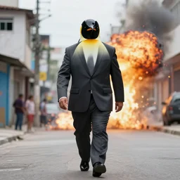 photo of a man in a suit wearing a latex mask of a emperor penguin, at a favela, walking away from explosion, dramatic lighting