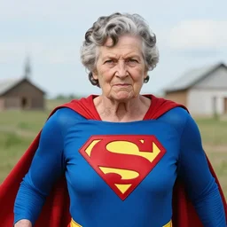 stunning photograph of granny superman in rural russia, closeup, aperture 1. 2, red blue, fighting crime