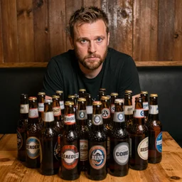 mike stoklasa sitting at a table full of empty beer bottles