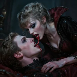 dark fantasy illustration of taylor swift as a hungry vampire queen biting someone. intricate artwork. by tooth wu, wlop, beeple, dan mumford. octane render, trending on artstation, greg rutkowski. cinematic, very beautiful composition, high detail, octane render, 8 k