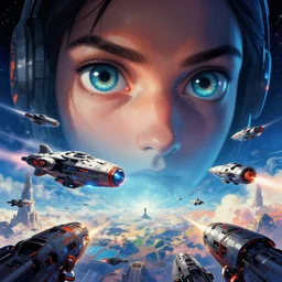 the watchful eye of a gigantic human oversees his spaceship fleet in a battle, by Christopher Balaskas and artgerm, vibrant, digital art, landscape, sci-fi, space