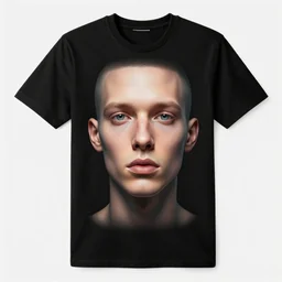 photo of a black tshirt with a hyperdetailed portrait of a trippy robot, half robot, half human, 8 k, symetrical, flourescent colors, happy mood, multicolored,