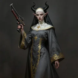 female full body demon nun with black horns holding fantasy gun character concept art, dark elf, highly detailed art digital painting, cinematic, grey cleric robe with golden embroidery nun veil cover with horns on top demon nun gunslinger, magdalena pagowska art in shoo art castelvania diablo art loputyn srasa final fantasy, dark fantasy game character design concept, dramatic light, art station, character design