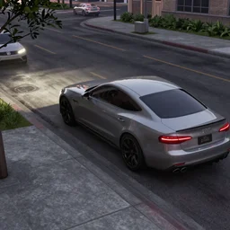 Mater driving over a sidewalk, GTA V gameplay screenshot, sharp, Unreal Engine 5, very detailed shading at dusk