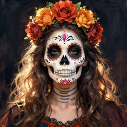 illustration of a sugar skull day of the dead girl, art by derek riggs