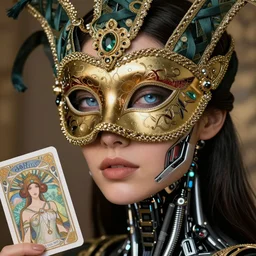 A close-up portrait of a beautiful female cyborg wearing an intricate venetian mask, exposed inner structure, glowing eyes, art nouveau card, wlop, trending on artstation