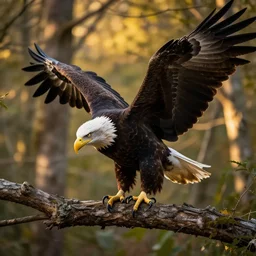creature consisting of a bald eagle and a human, golden hour, photograph captured in a forest