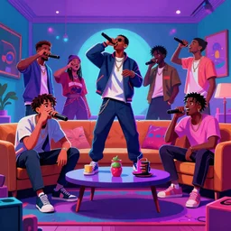 multiracial friends rapping with microphone in living room, epic poses, distinct figures, digital art, vaporwave light show, psychedelic, diverse representation, surreal, hip hop, trending on Artstation, professional artist, detailed, 4k