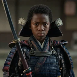 a film still of a black boy starring in a japanese blockbuster film as ancient samurai, intense, shallow depth of field, cinematic, award winning cgi, vfx, film still