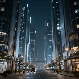 futuristic city, metal buildings, street scene, night lighting, by greg rutkowski